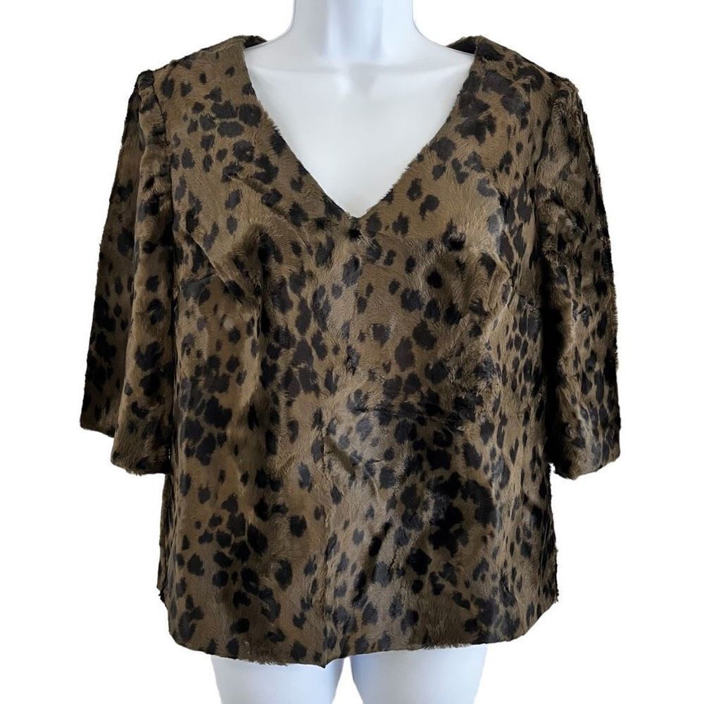 Trina Turk Womens Top Small Brown Fur Animal Print‎ Lined 3/4 Sleeve Coquette